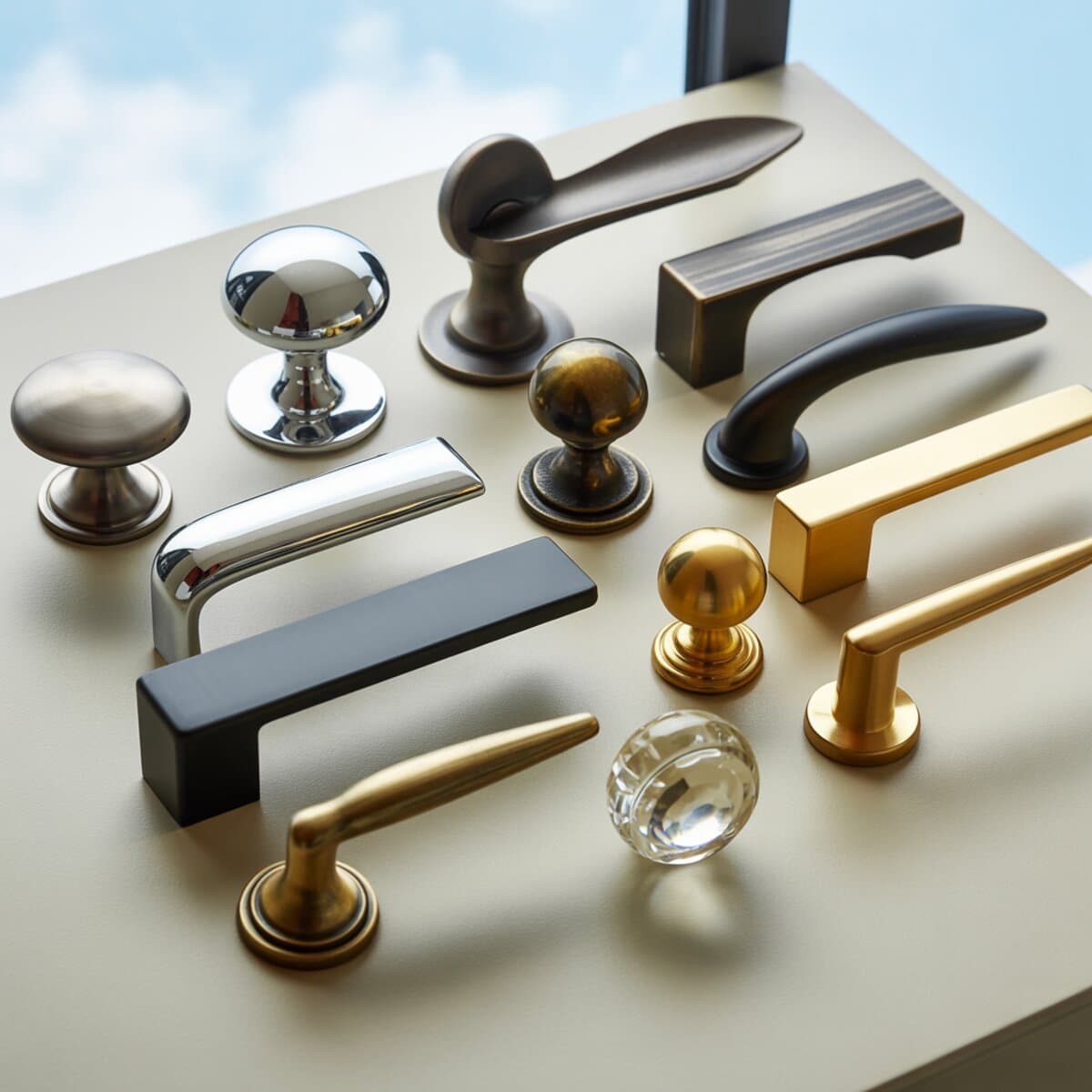 Assorted door knobs and lever handles in mixed finishes arranged on a sunlit table