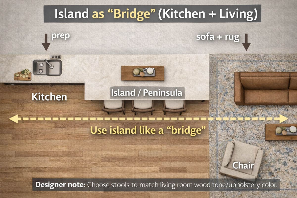Island as a bridge between kitchen and living zones