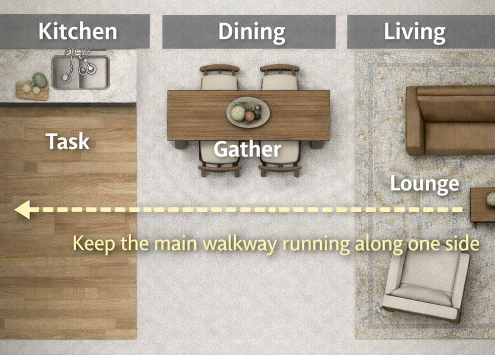 Keep the main walkway to one side for an open room design