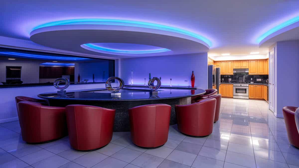 Contemporary bar with a blue and red color scheme and a low curved countertop
