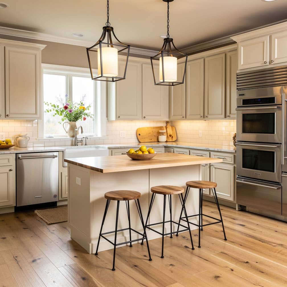 Antique white country kitchen with beige walls and wrought iron pendant lanterns over an L-shaped layout