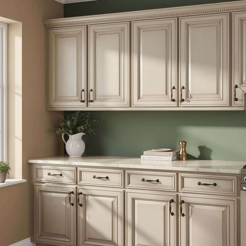 Antique white kitchen cabinets paired with warm sage green walls and period hardware for a classic look
