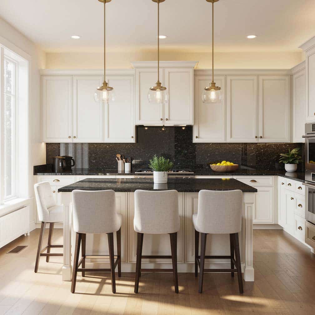 Antique white kitchen cabinets with granite countertops and backsplash and a breakfast bar peninsula with bar stools