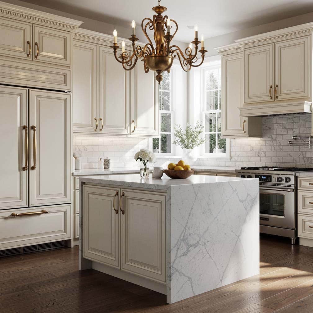 Luxurious antique white raised panel cabinets with cream glaze finish, vintage brass handles, and marble island