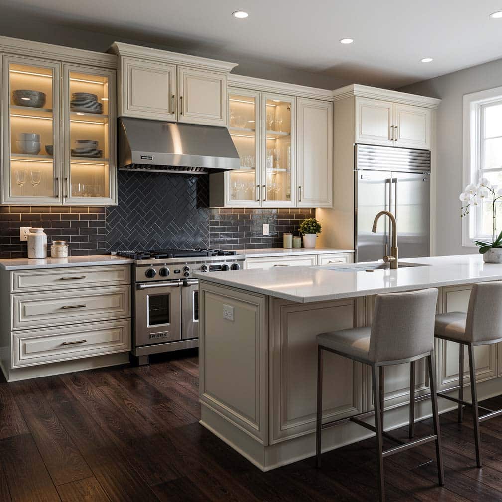 Transitional kitchen with antique white cabinets, dark herringbone tile backsplash, and glass-front display cabinets
