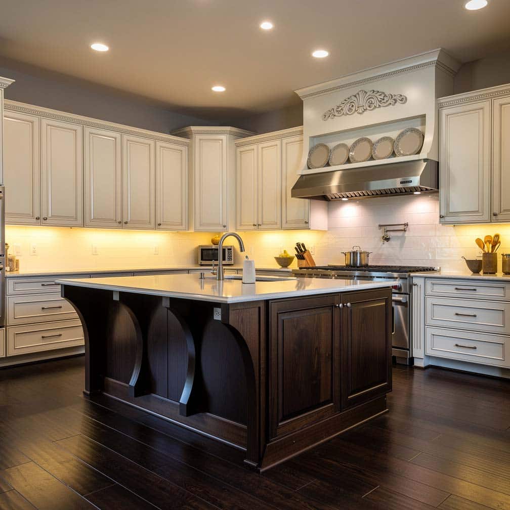 Antique white kitchen cabinets with a contrasting dark wood island and curvilinear cabinet profile details