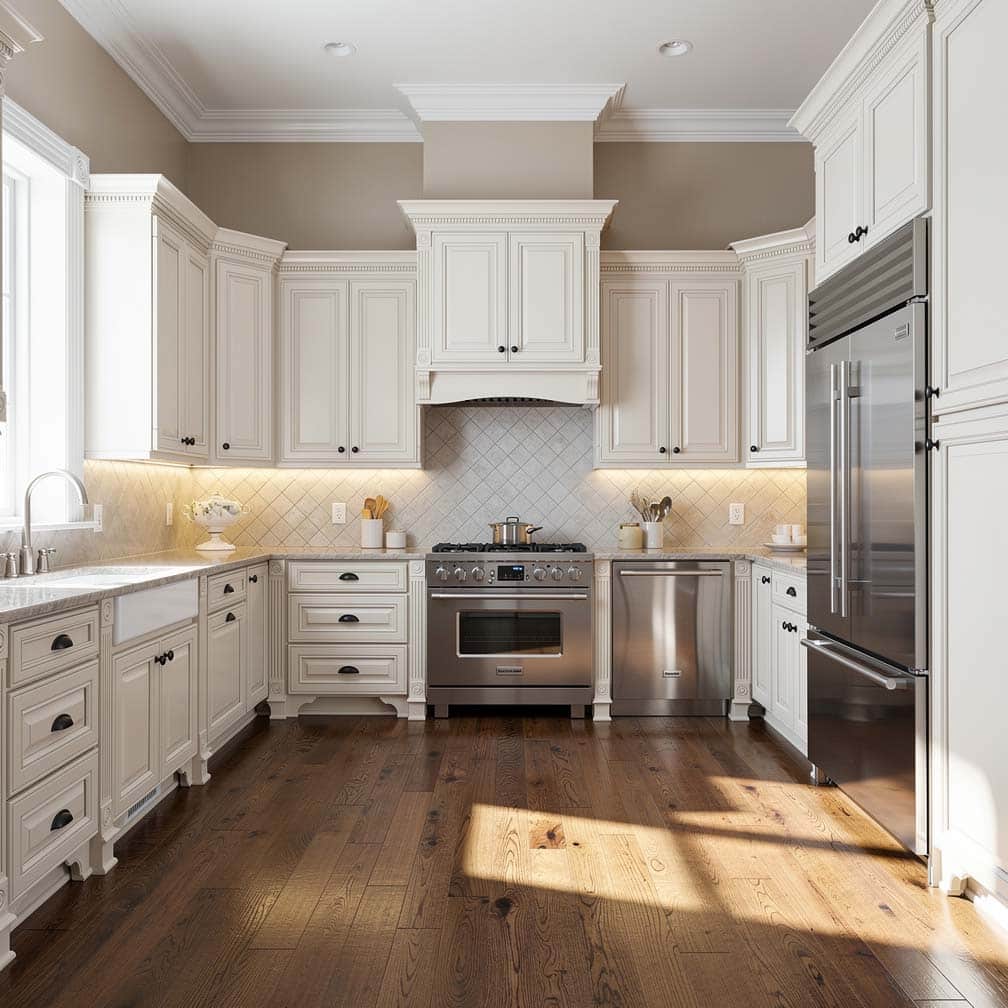 Antique white paneled kitchen cabinets with diamond-pattern porcelain tile backsplash and warm hardwood floors