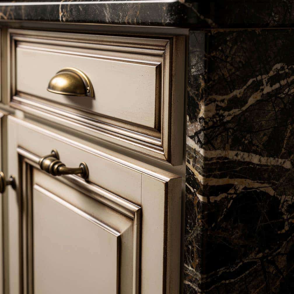 Antique white cabinet doors with rich mocha brown glaze finish highlighting raised panel details and vintage brass pulls