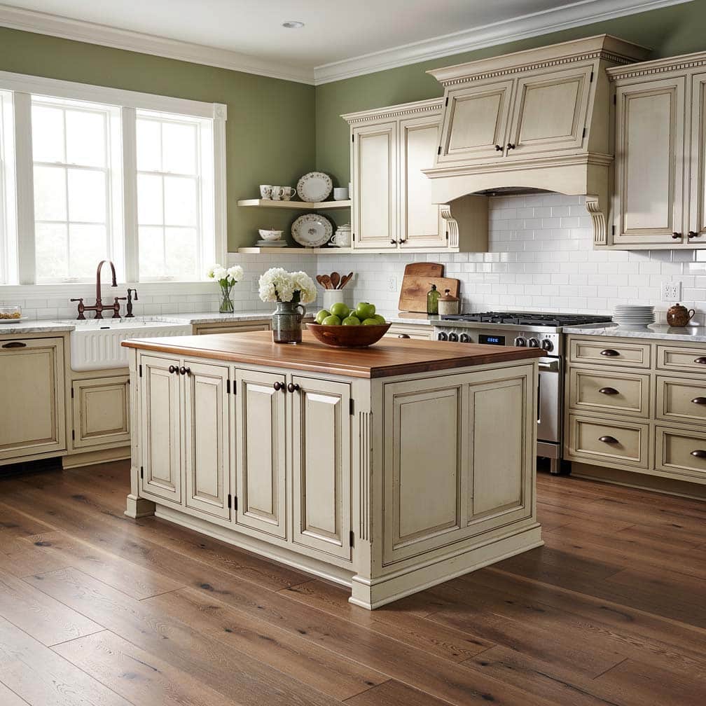 Antique white kitchen cabinets with glazed finish against warm sage green walls with oil-rubbed bronze hardware