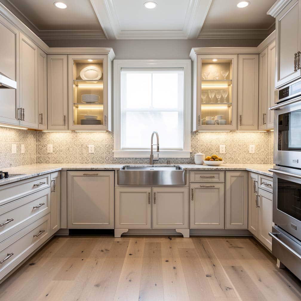Antique white raised panel kitchen cabinets with white granite countertops and a decorative ceramic tile backsplash