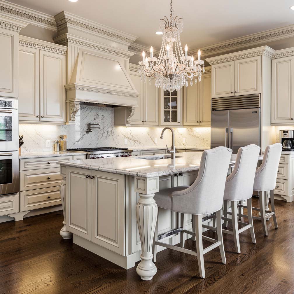 Traditional luxury kitchen with antique white cabinets, white granite countertops, and a curved breakfast bar