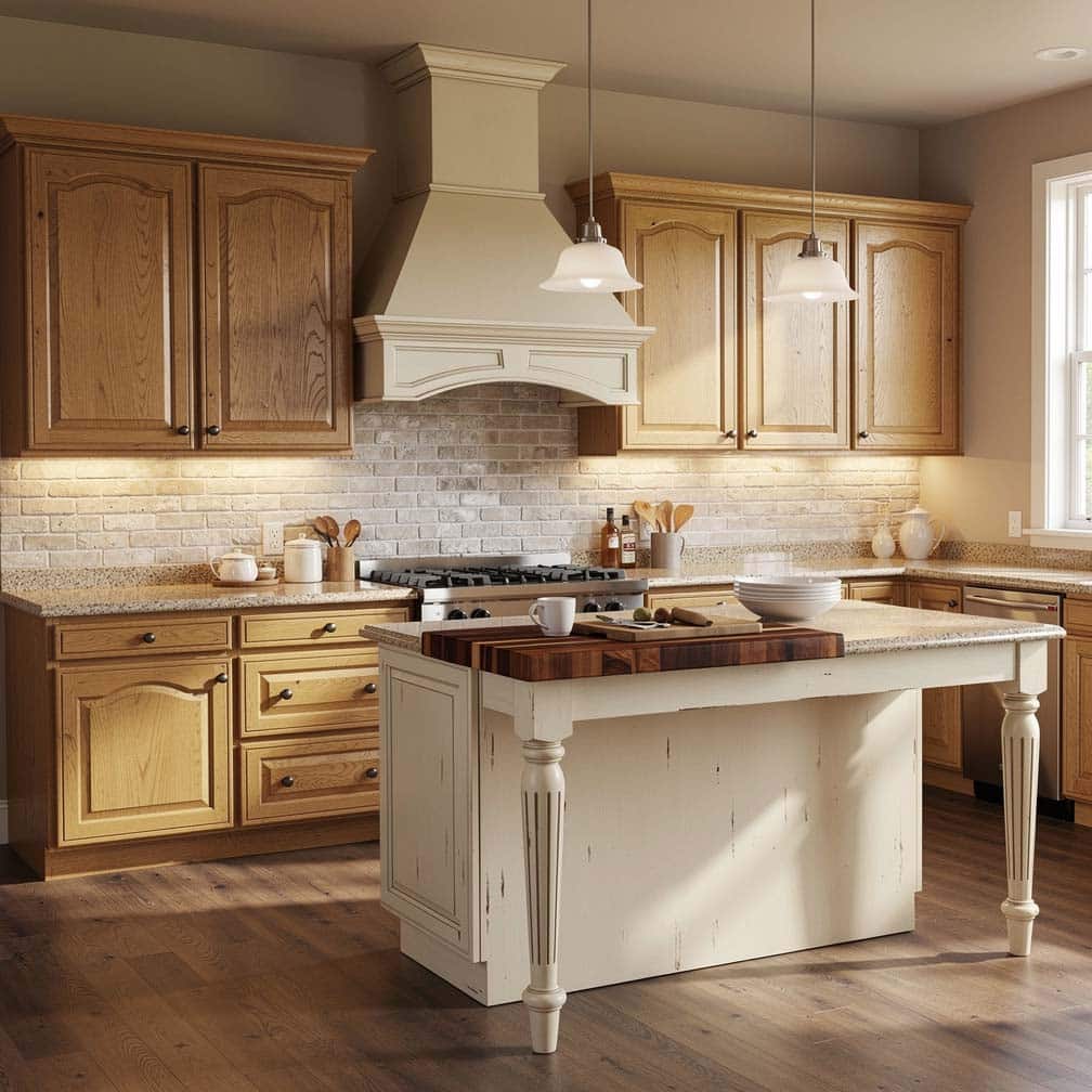 Traditional kitchen with natural wood wall cabinets and a standalone antique white island with beige granite countertops