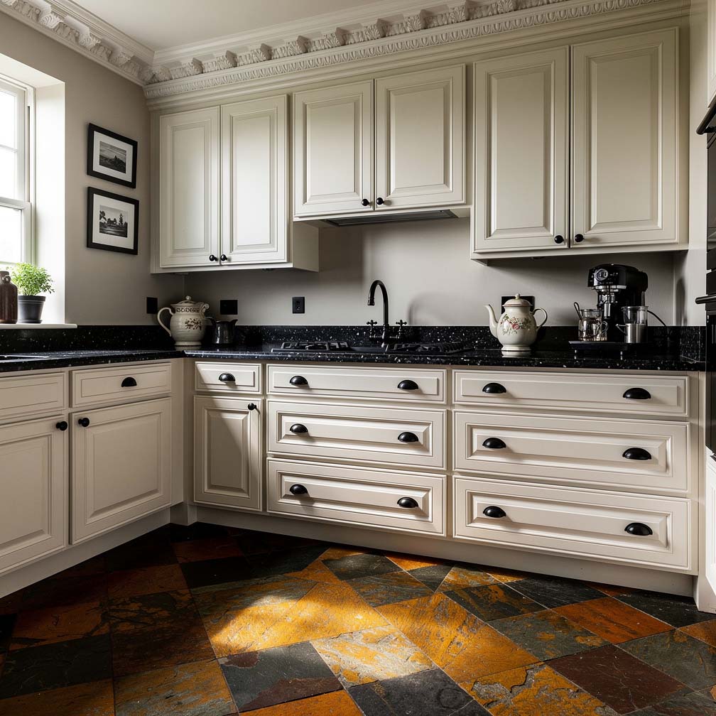 Antique white raised panel cabinets with a bold diamond-pattern slate floor in orange, grey, and brown