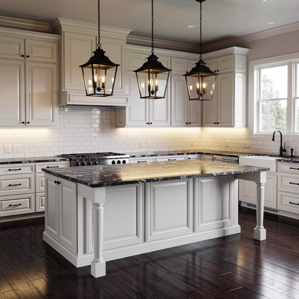 Antique white recessed panel kitchen cabinets with three black metal and glass antique lantern pendants over a dark hardwood floor
