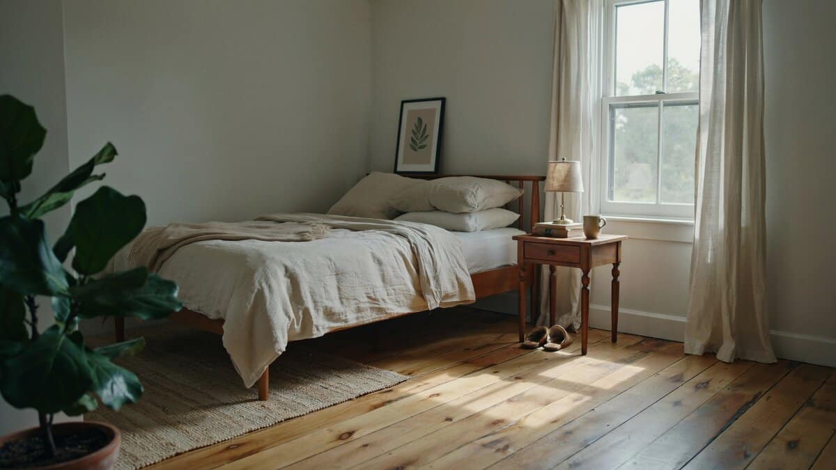 Warm bedroom with rich natural hardwood plank flooring and a wooden bed
