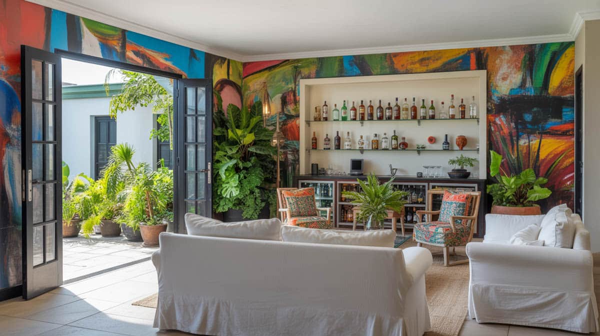 Bar alcove with glass shelving, wood cabinet, and a mirrored back wall for added depth
