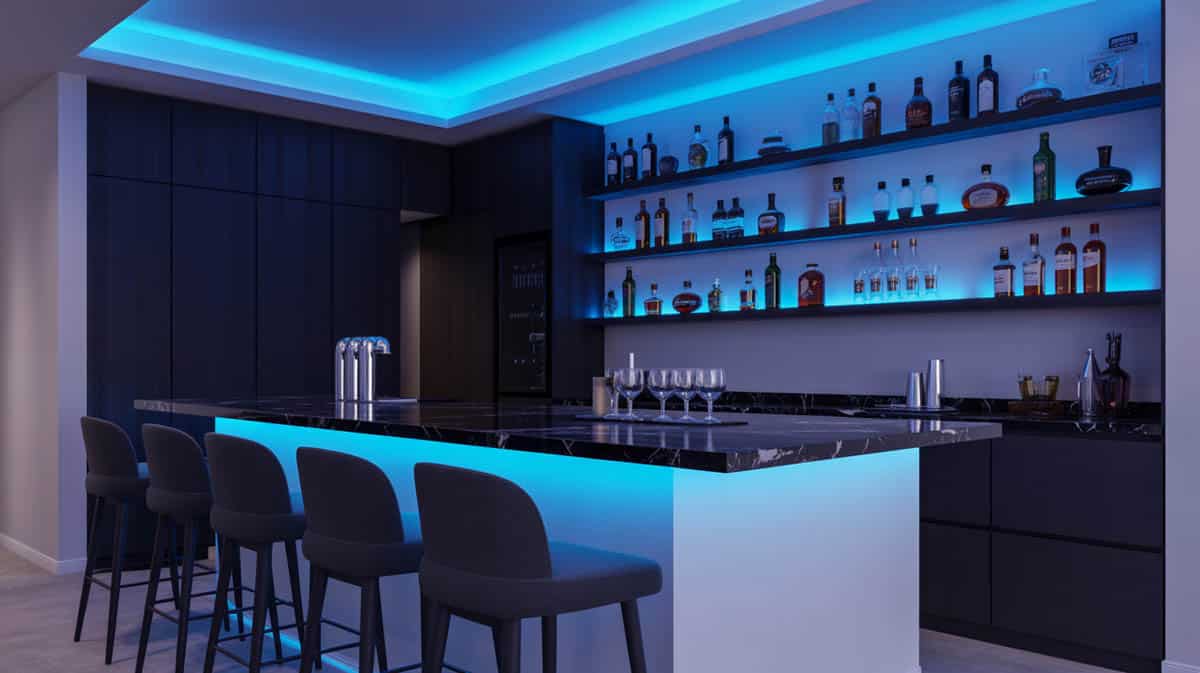 Bar with LED backlighting under the countertop, shelving, and cove ceiling