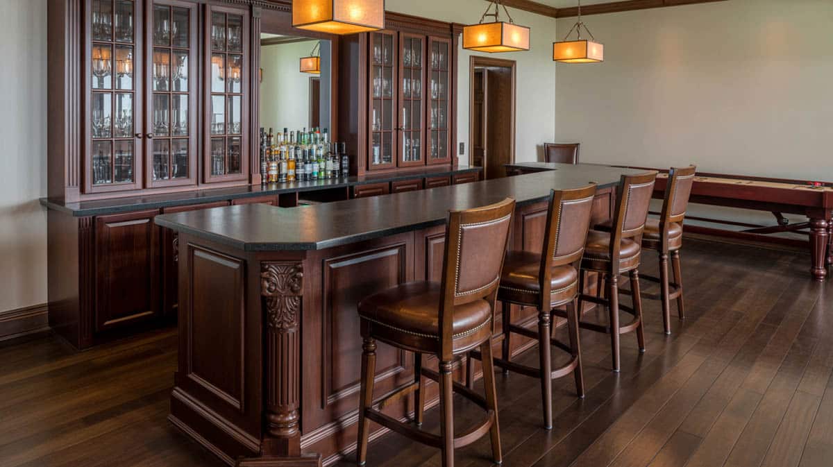 Bar with dark wood floors, marble countertops, and brown leather stools set for balance