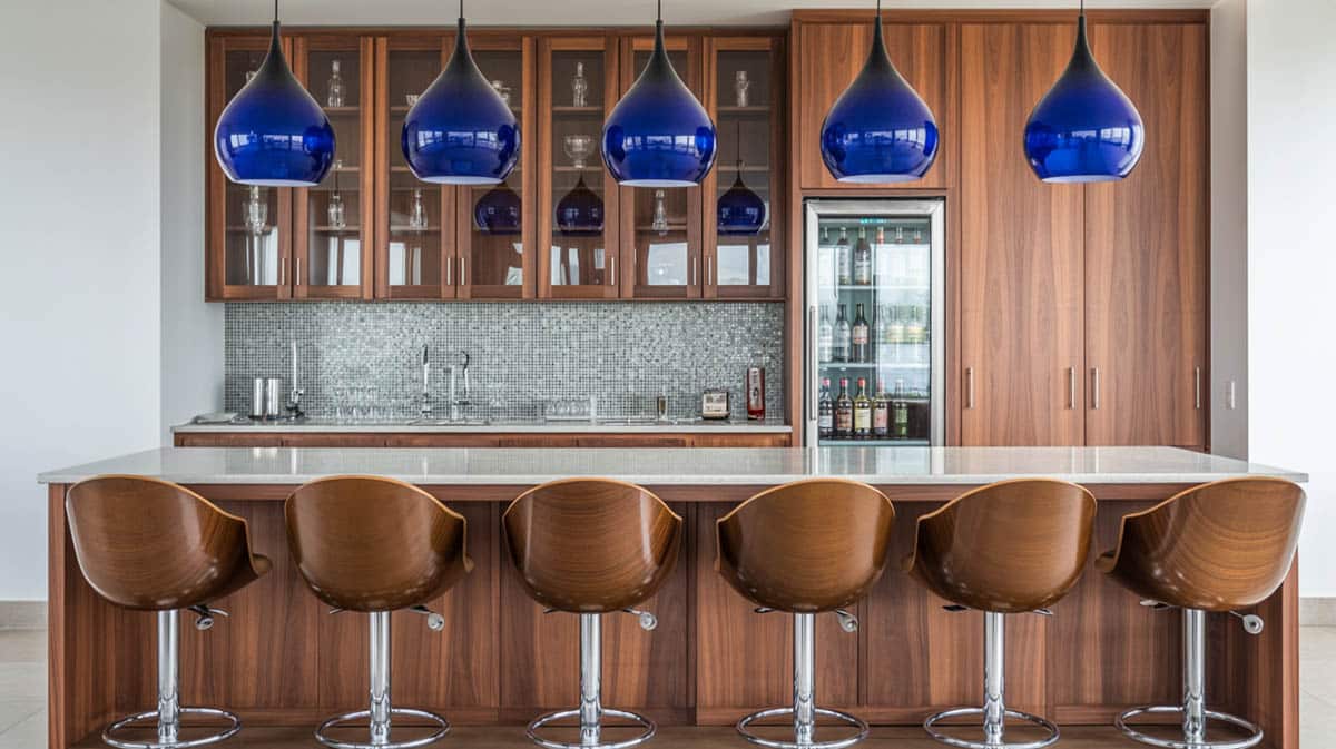 Bar with colorful pendant lights, white quartz countertops, and wood cabinetry