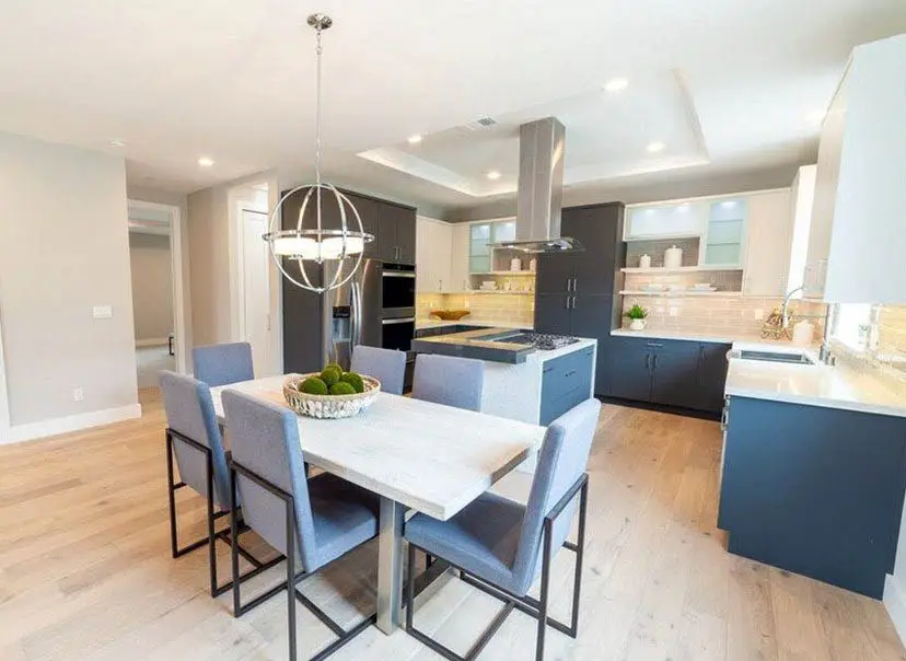 Contemporary kitchen with tray ceiling dark cabinets and light wood flooring