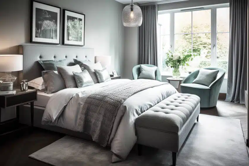 Contemporary bedroom with long ottoman and accent chairs
