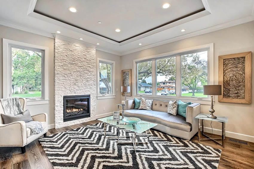 tray ceiling living room fireplace