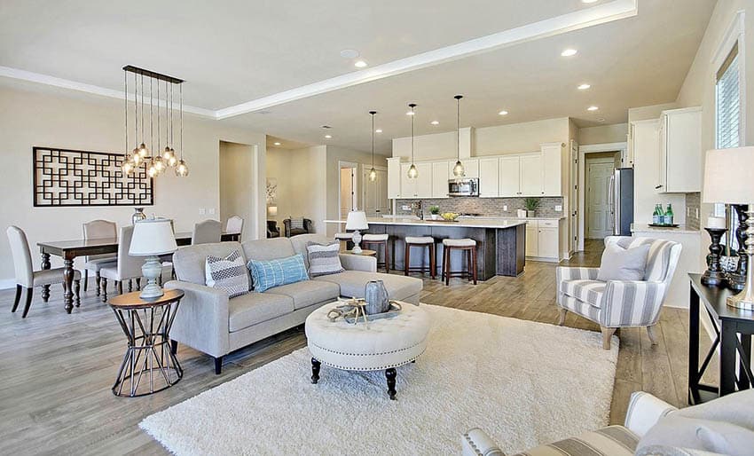 Contemporary open concept living room with kitchen and dining room