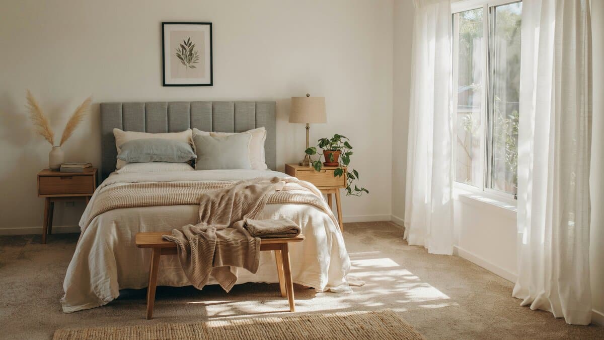 Cozy bedroom with plush high-pile carpet beneath an upholstered bed