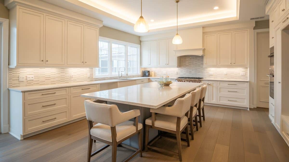 Cream flat-panel kitchen with white quartz island surrounded by upholstered dining chairs and soft pendant lighting