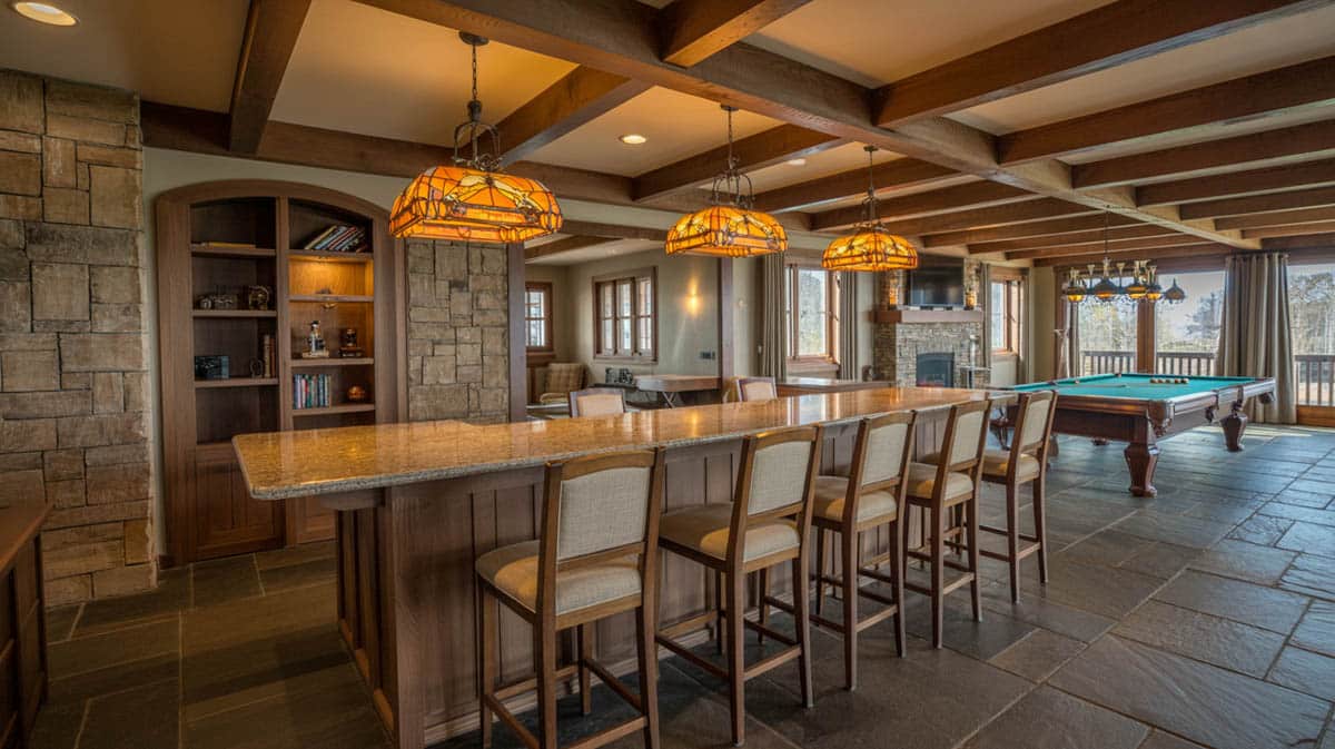 Bright bar with stone floors, a central column, and industrial pendant lights over the pool table