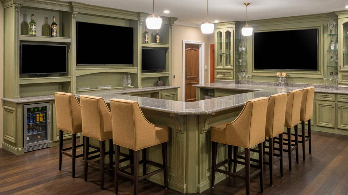 Pub-style bar with wraparound built-in cabinetry and multiple wall-mounted TVs