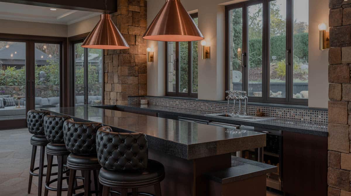 Bright bar with wide windows, gray walls, stone tile backsplash, and tufted leather stools