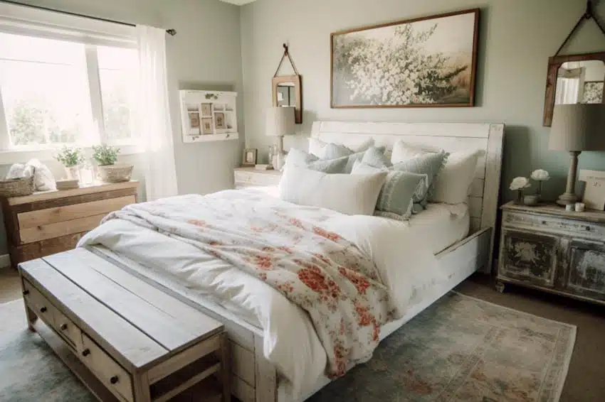 Farmhouse style bedroom with bedding and nightstands