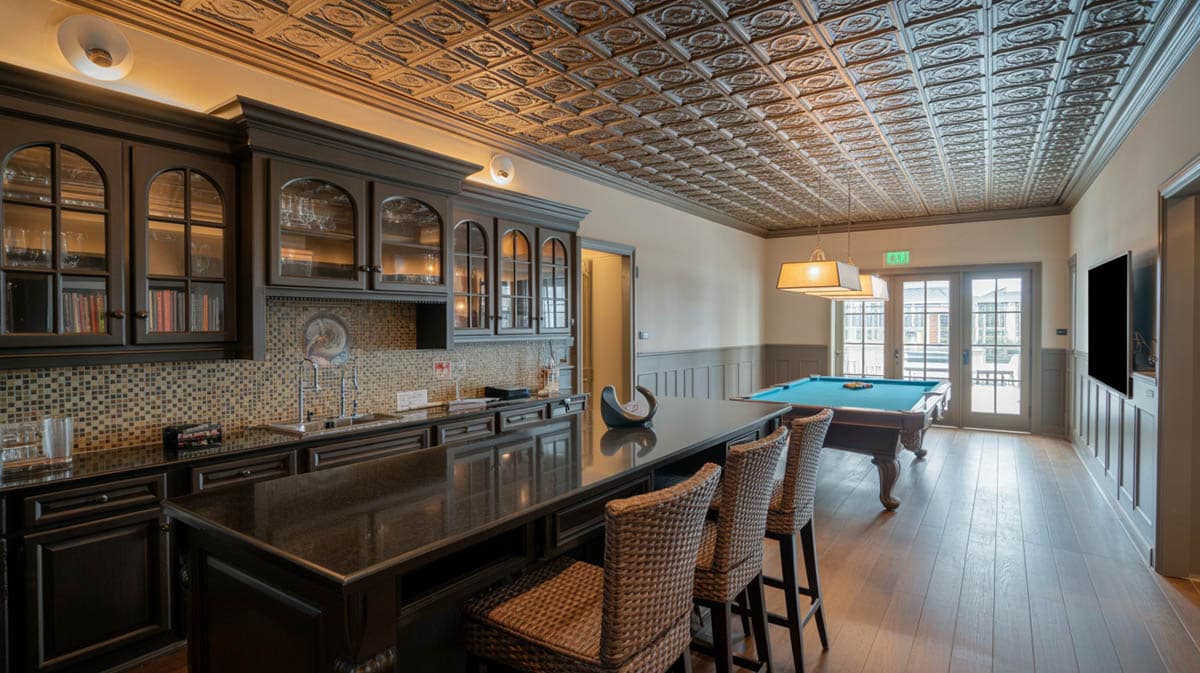 Spacious bar with a pool table, wood plank floors, and an ornate patterned steel ceiling