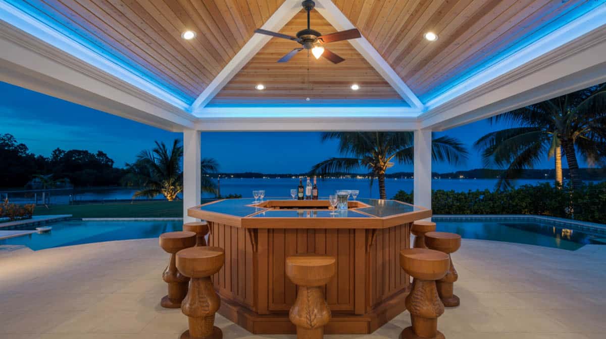 Outdoor bar under a pavilion overlooking the waterfront and pool with ornate wooden stools