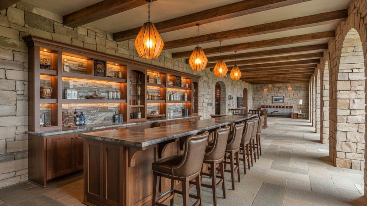 Long bar with segmented shelving, stone tiles, wood cabinetry, and wooden beams