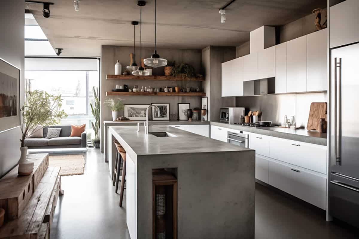 Industrial kitchen with concrete counter and island with white cupboards