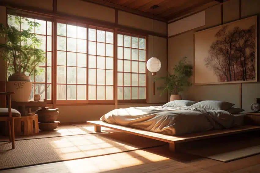 Japanese bedroom with large wood trim windows