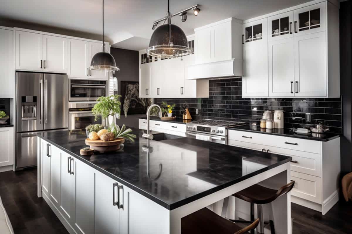 black quartz on island and counters with white shaker cabinetry