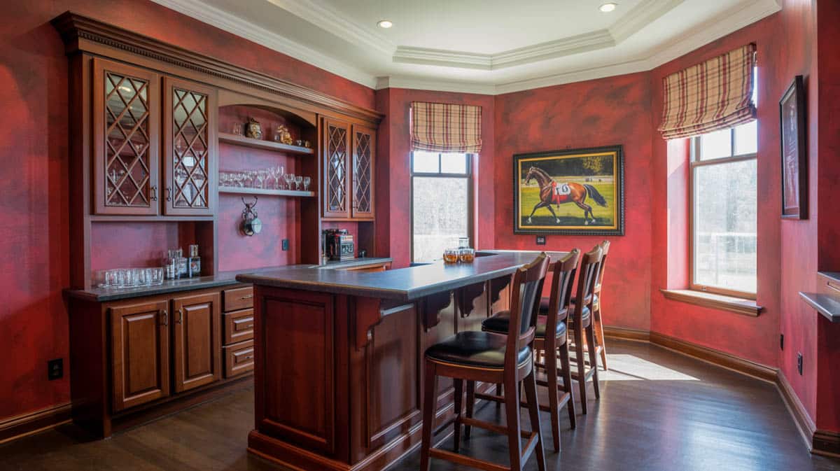 Bar with speckled red walls, plaid curtains, and polished hardwood floors