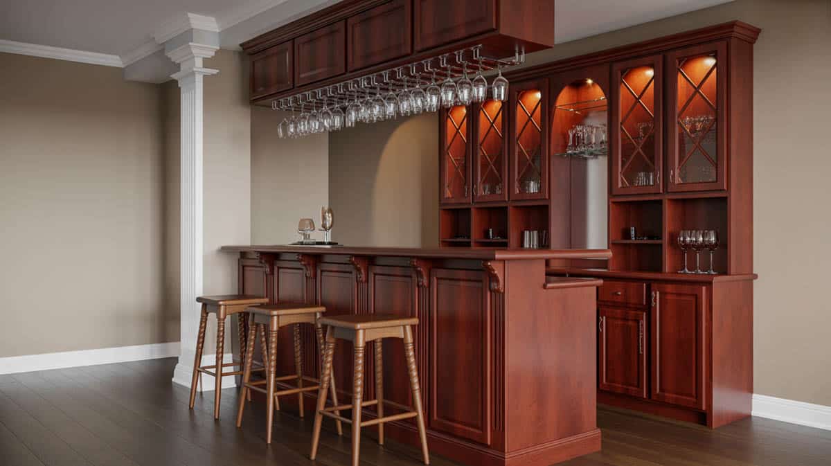 Traditional bar with a glass display window showing off glassware and a wine collection