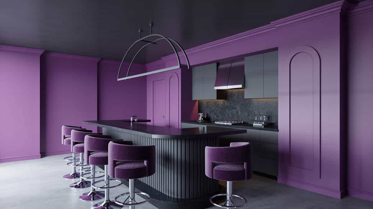 Bold black and purple bar with stainless steel finishes and a central island