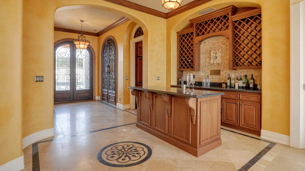 Bar in a living space with a faux brick back wall and an ornate gate with pendant lighting