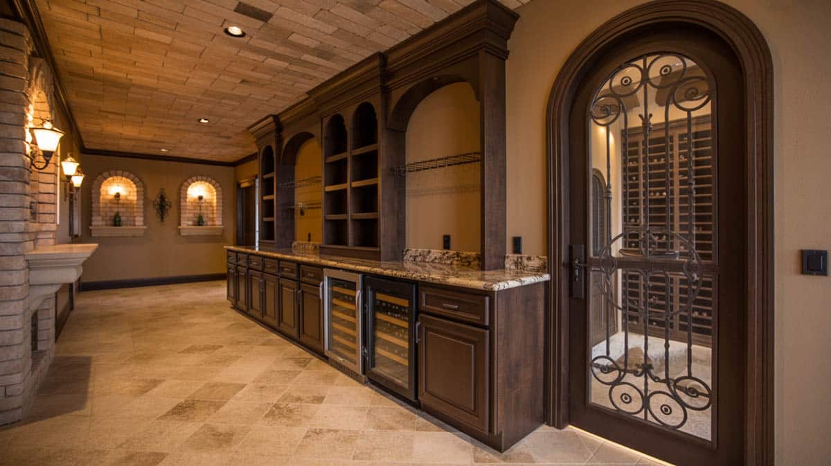 Bar with a brick ceiling cover, stone countertops, and dark wood cabinetry