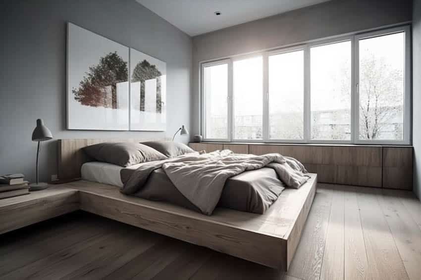 Minimalist bedroom with platform bed and large wall storage