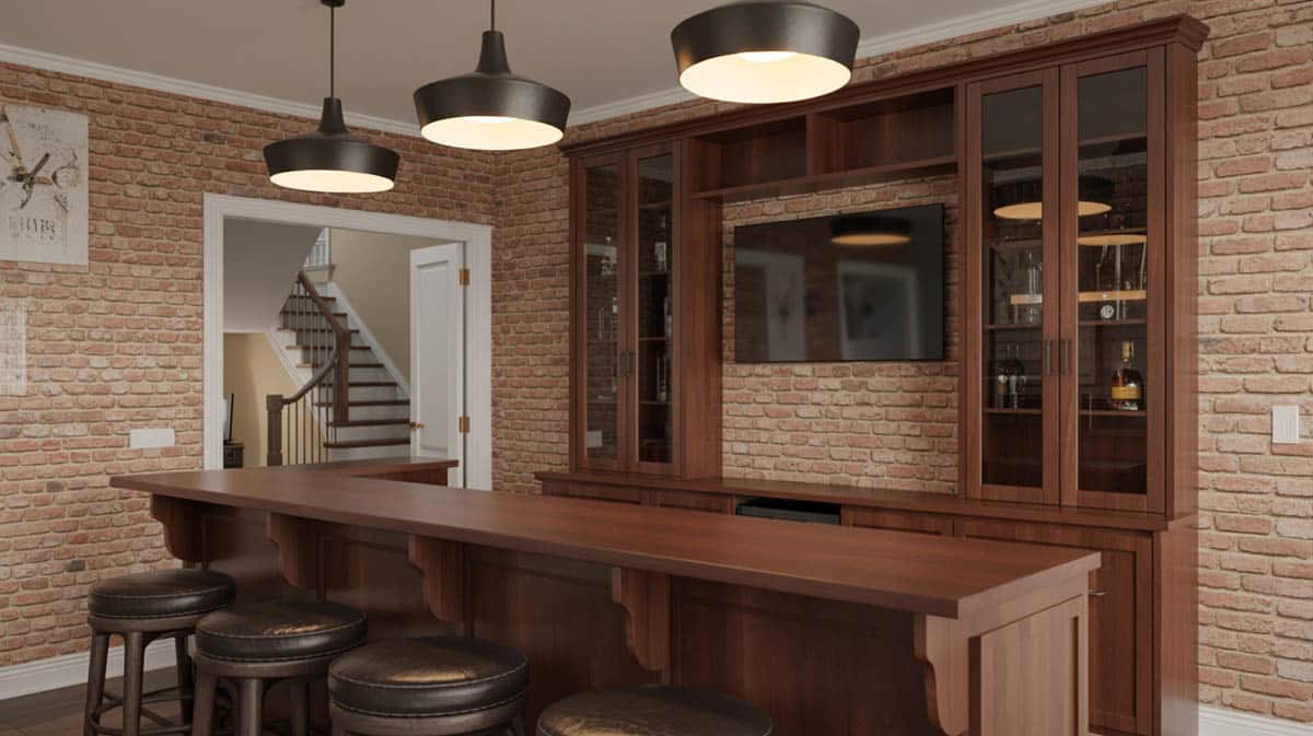Rustic bar with brick walls, rich wood tones, industrial lighting, and a TV in a wood frame