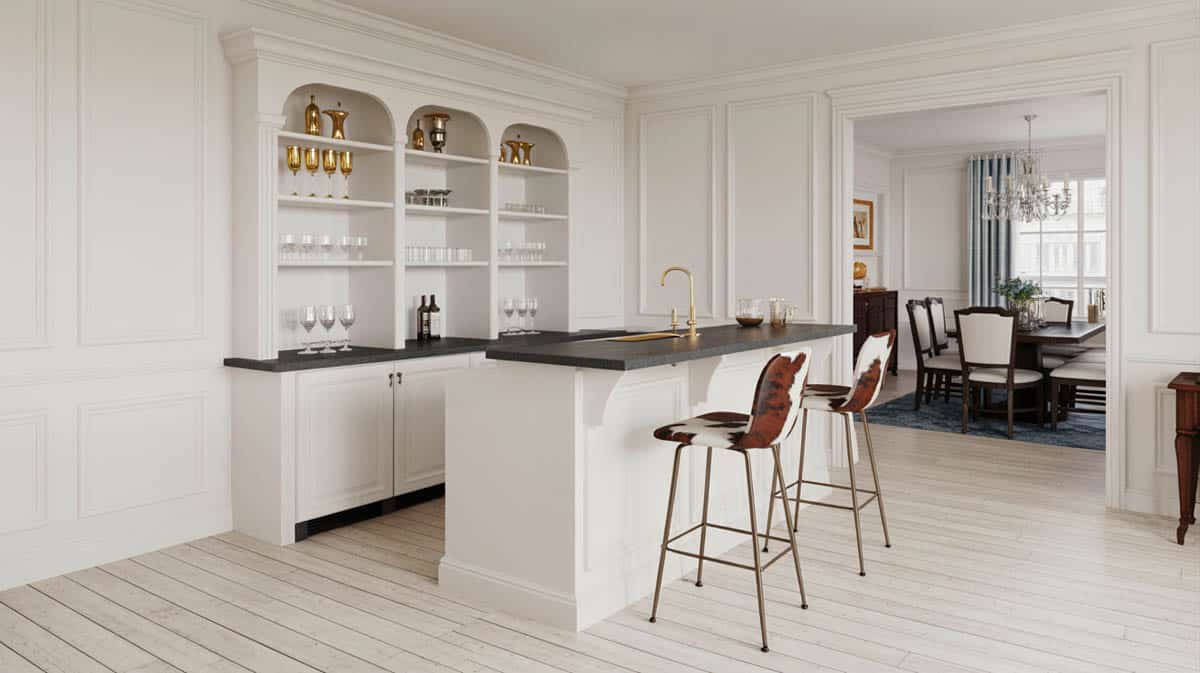 Small elegant bar with a jet-black countertop, gold accents, and tiger-striped stools