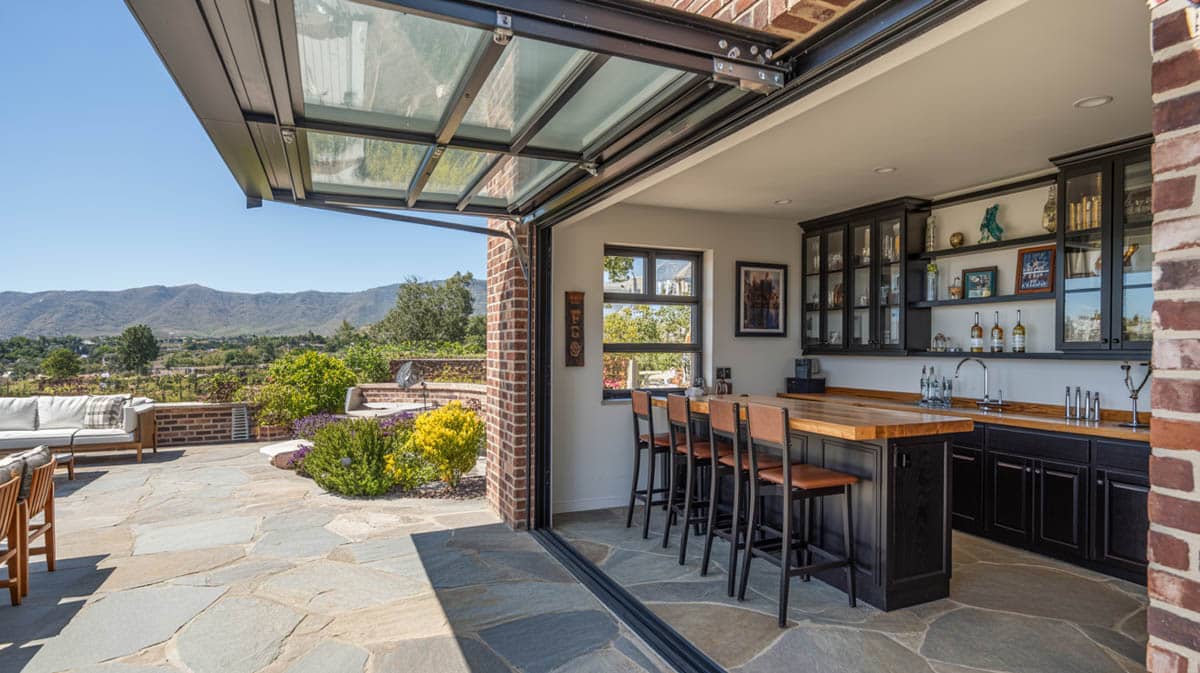 Indoor-outdoor bar with a roll-up glass door, brick walls, and stone flooring