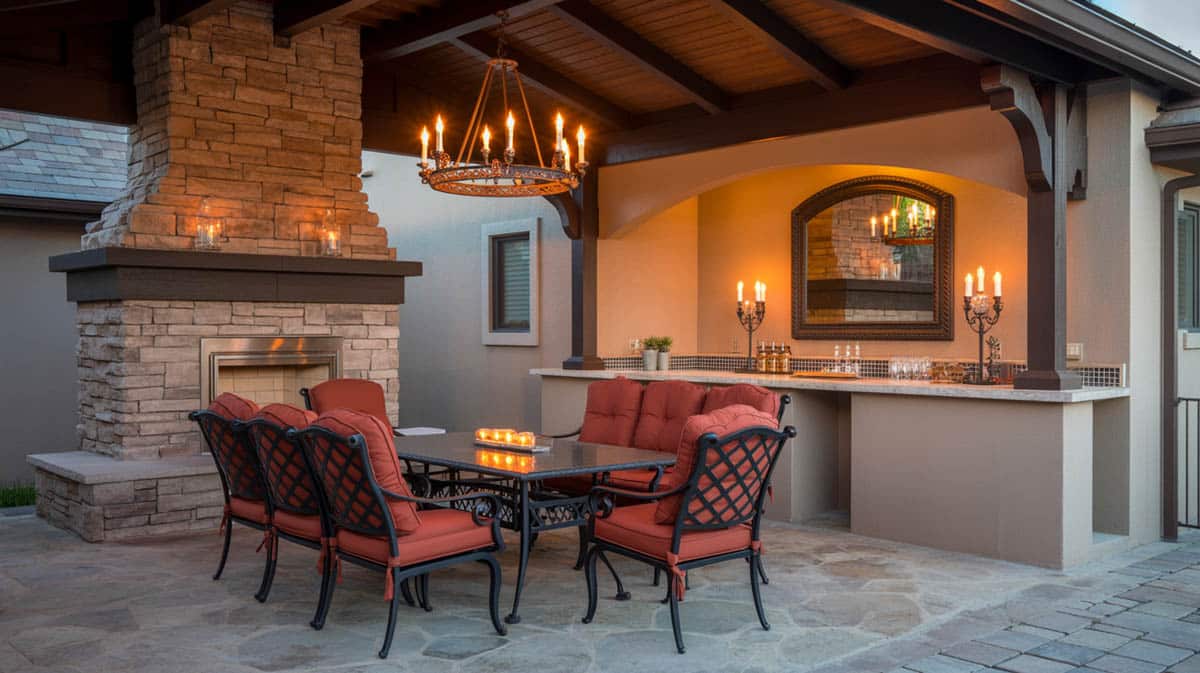 Bar with bold red chairs, stacked stone walls, and a stone fireplace enclosure