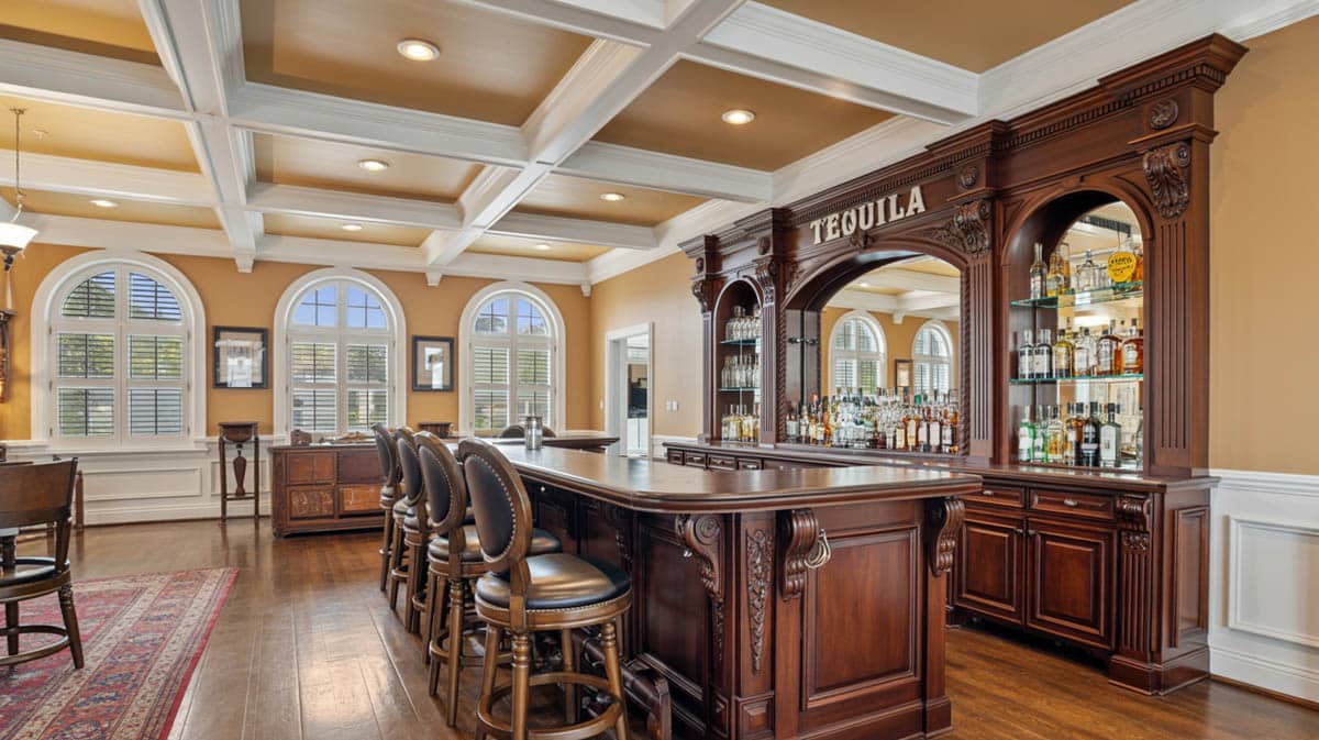 Classic bar with a coffered ceiling, carved wood fireplace, and large glass windows